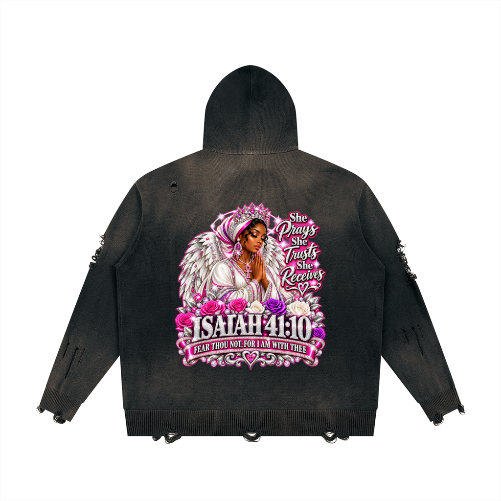 Beauty Slayer Unisex Distressed Full-Zip Knit Hoodie