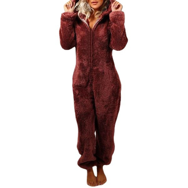Thickened Furry Jumpsuit with Hood and Cat Ears Pajamas