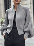 Women's Stand Collar Zip-Up Lantern Sleeve Textured Knit Sweater