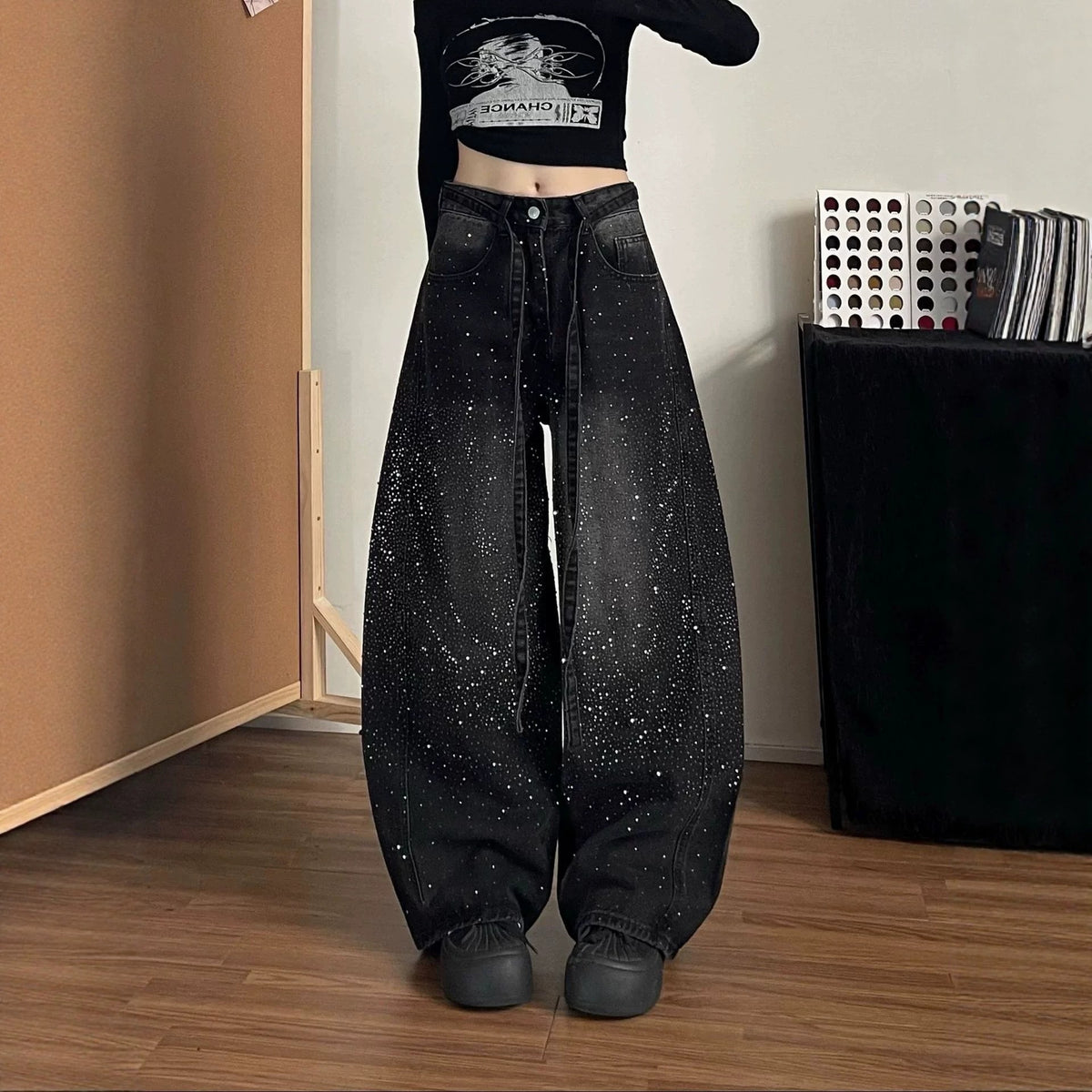 Womens High-Waisted Wide-Leg Rhinestone Jeans