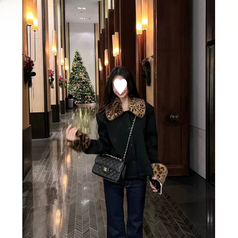 Women's Leopard Print Fur Collar Single-Breasted Thick Short Coat