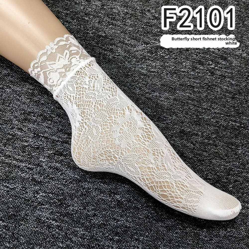 Women Hollow-Out Short Fishnet Socks Lace Trim Retro Style