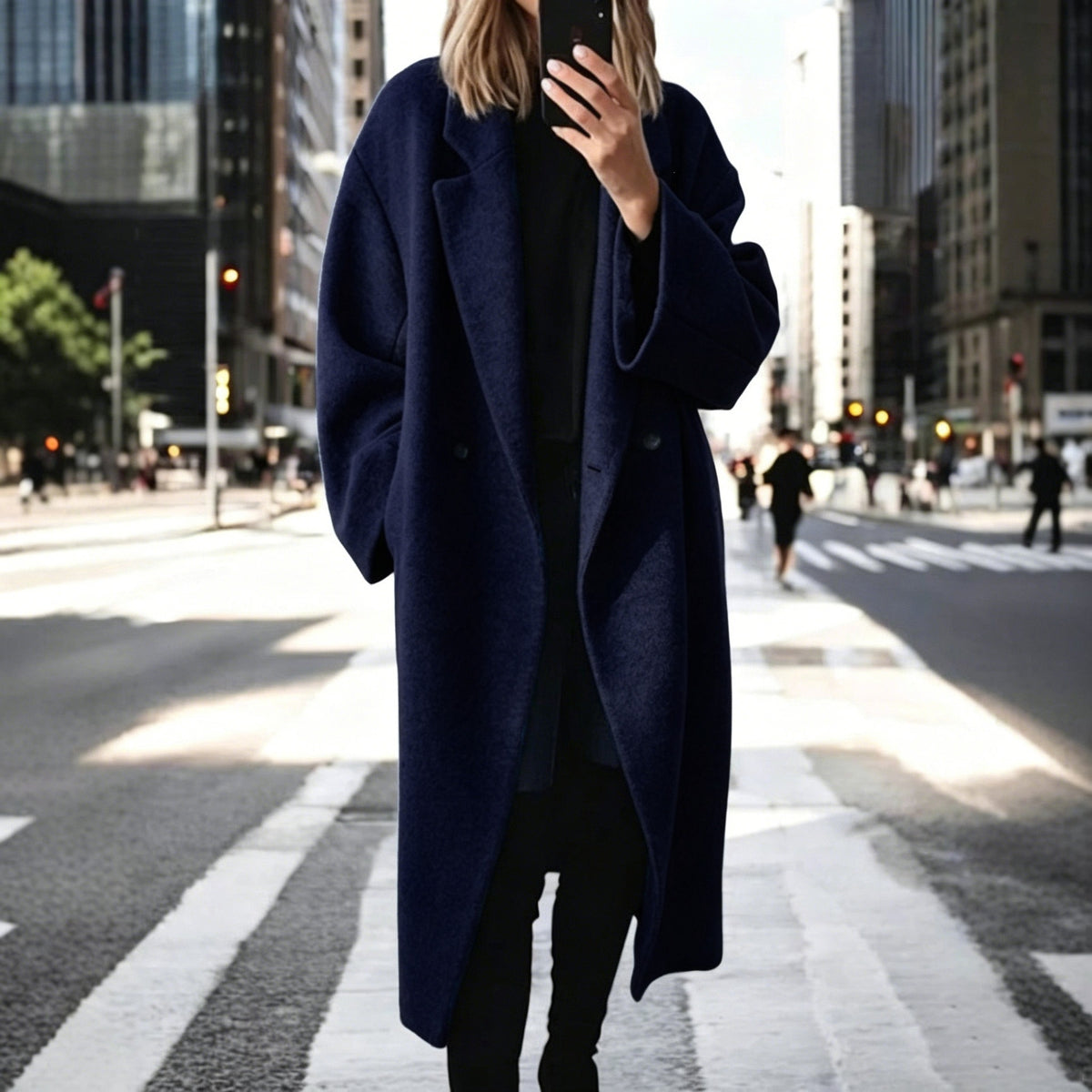 Women's Solid Color Long Wool Blend Trench Coat with Suit Collar