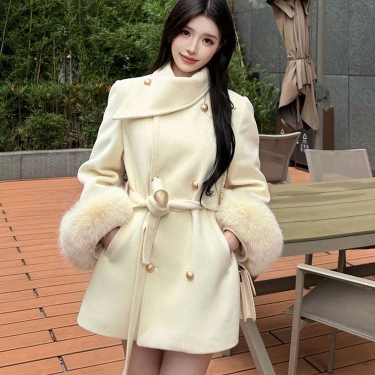 Women's Mid-Length Faux Fur Sleeve Coat with Belt Solid Color Loose Fit Coat