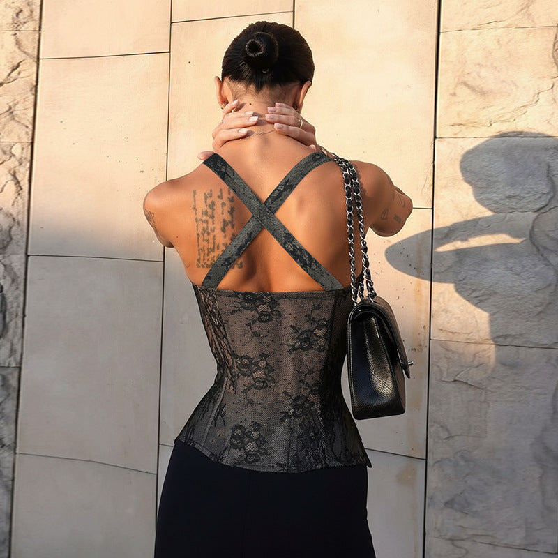 Women's Sleeveless Lace-Up Corset Top Solid Color Slim Fit Tank Top