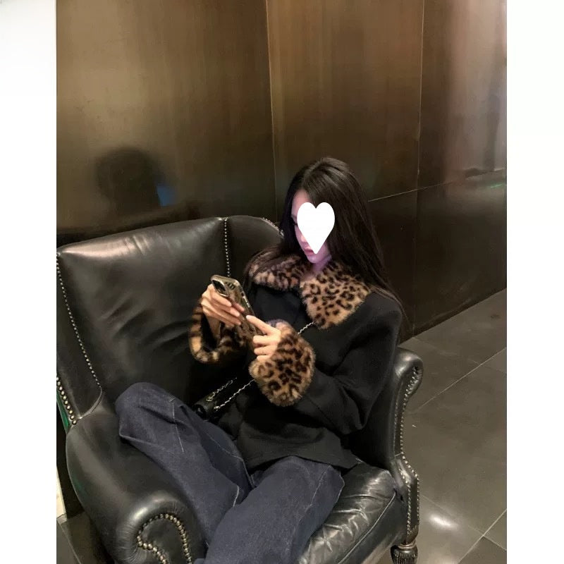 Women's Leopard Print Fur Collar Single-Breasted Thick Short Coat