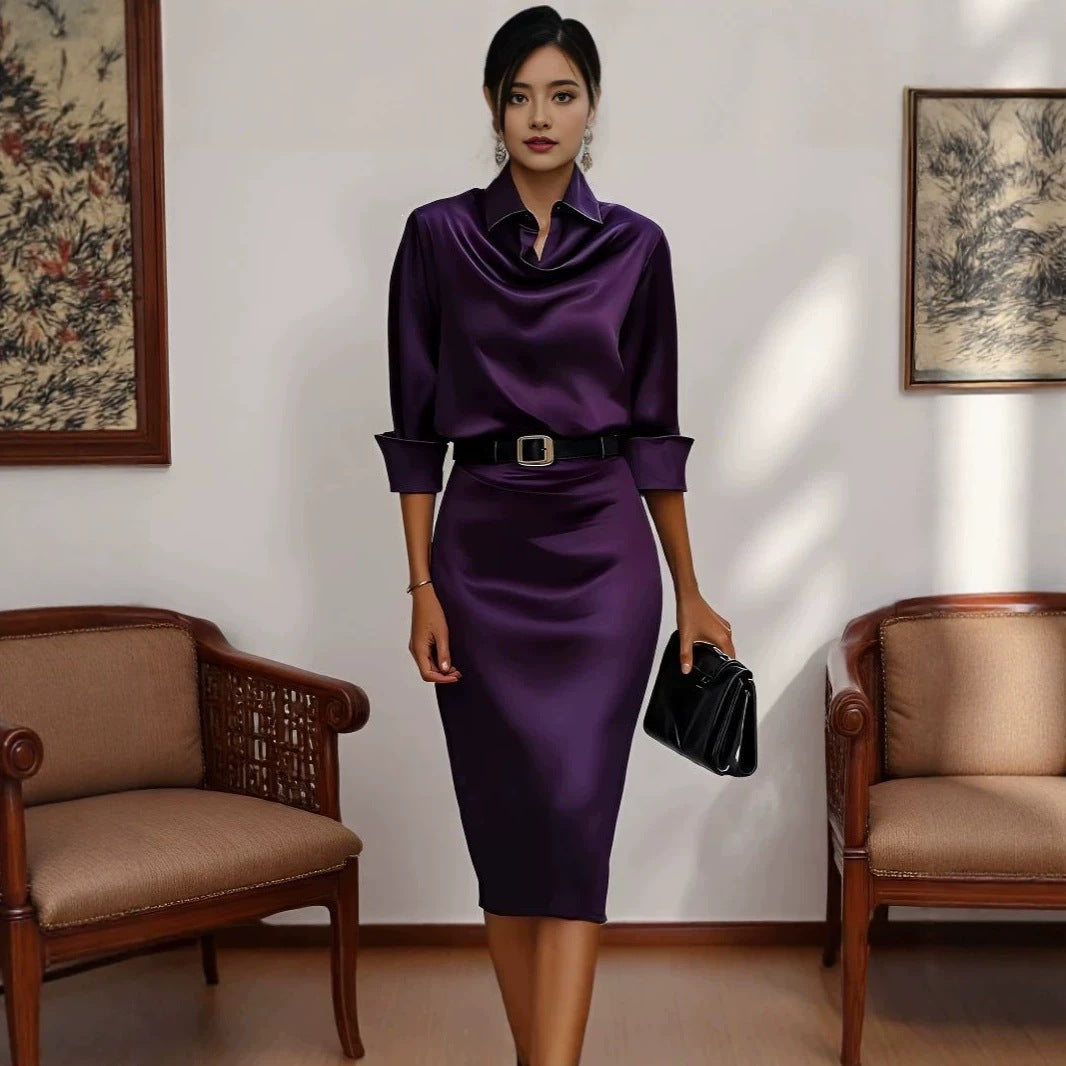 Women's Acetate Satin Long Sleeve Dress Slim Fit Shirt Collar Elegant Midi Dress