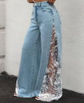 Women Colorblock Lace Spliced Wide Leg Denim Jeans