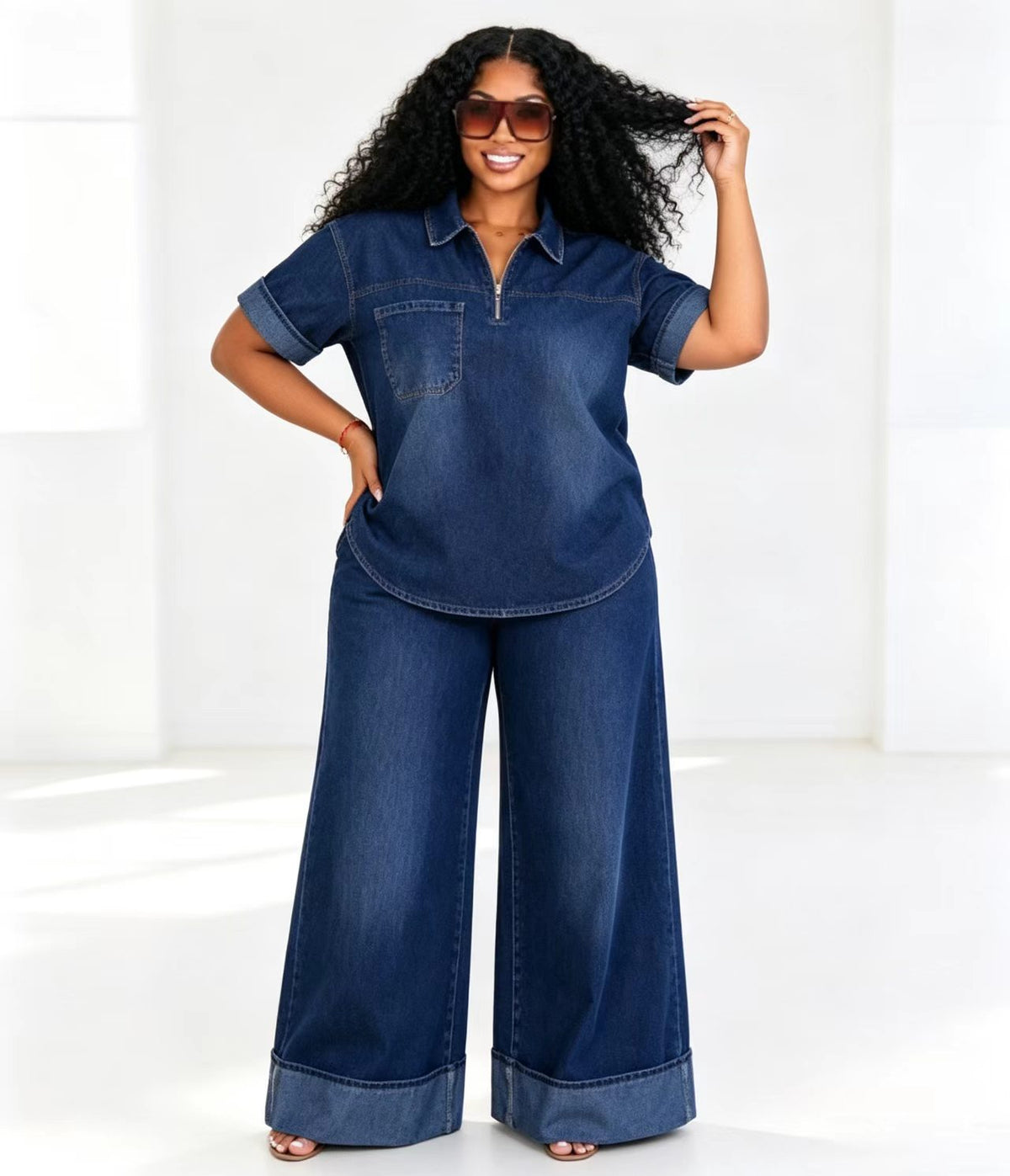 Plus Size Loose Fit Solid Color Denim Short Sleeve Polo Top and Wide Leg Pants Two Piece Set for Women