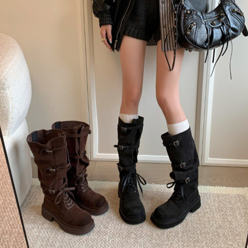 Belted platform riding boots
