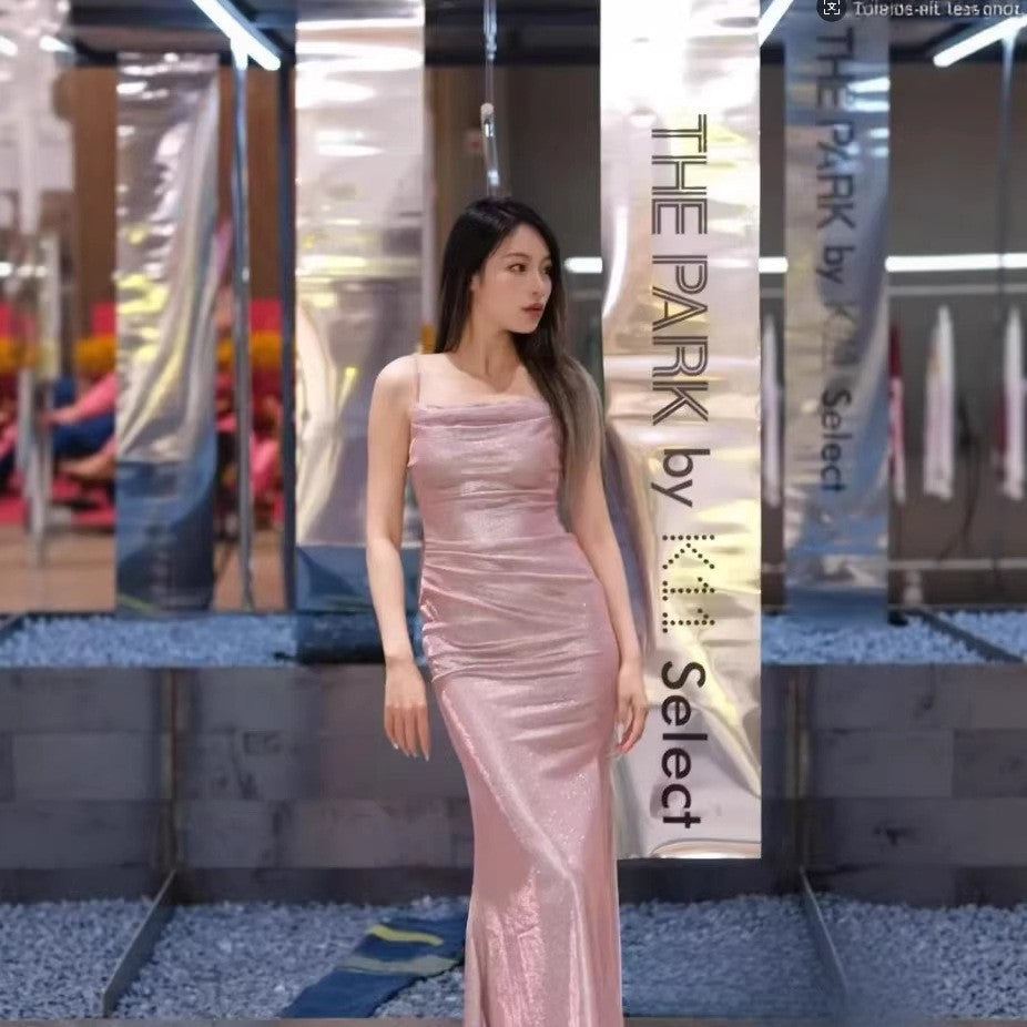Women's Long Open Back Solid Color Sling Fishtail Dress