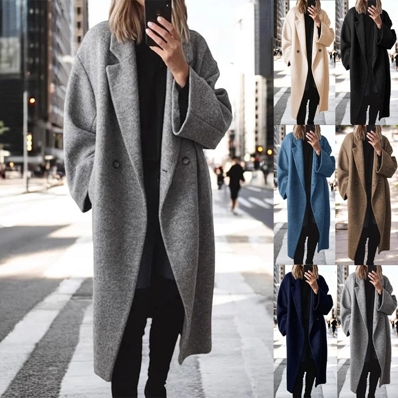 Women's Solid Color Long Wool Blend Trench Coat with Suit Collar