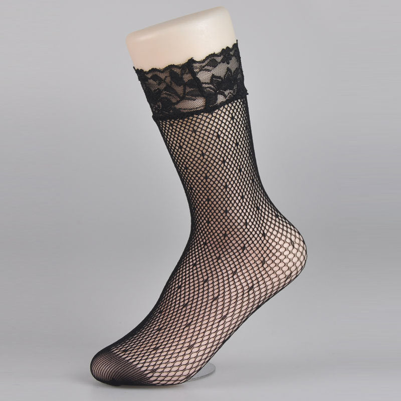 Women Hollow-Out Short Fishnet Socks Lace Trim Retro Style