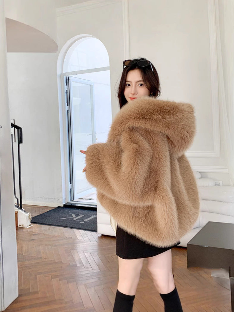 Women's Faux Fur Hooded Cloak Coat