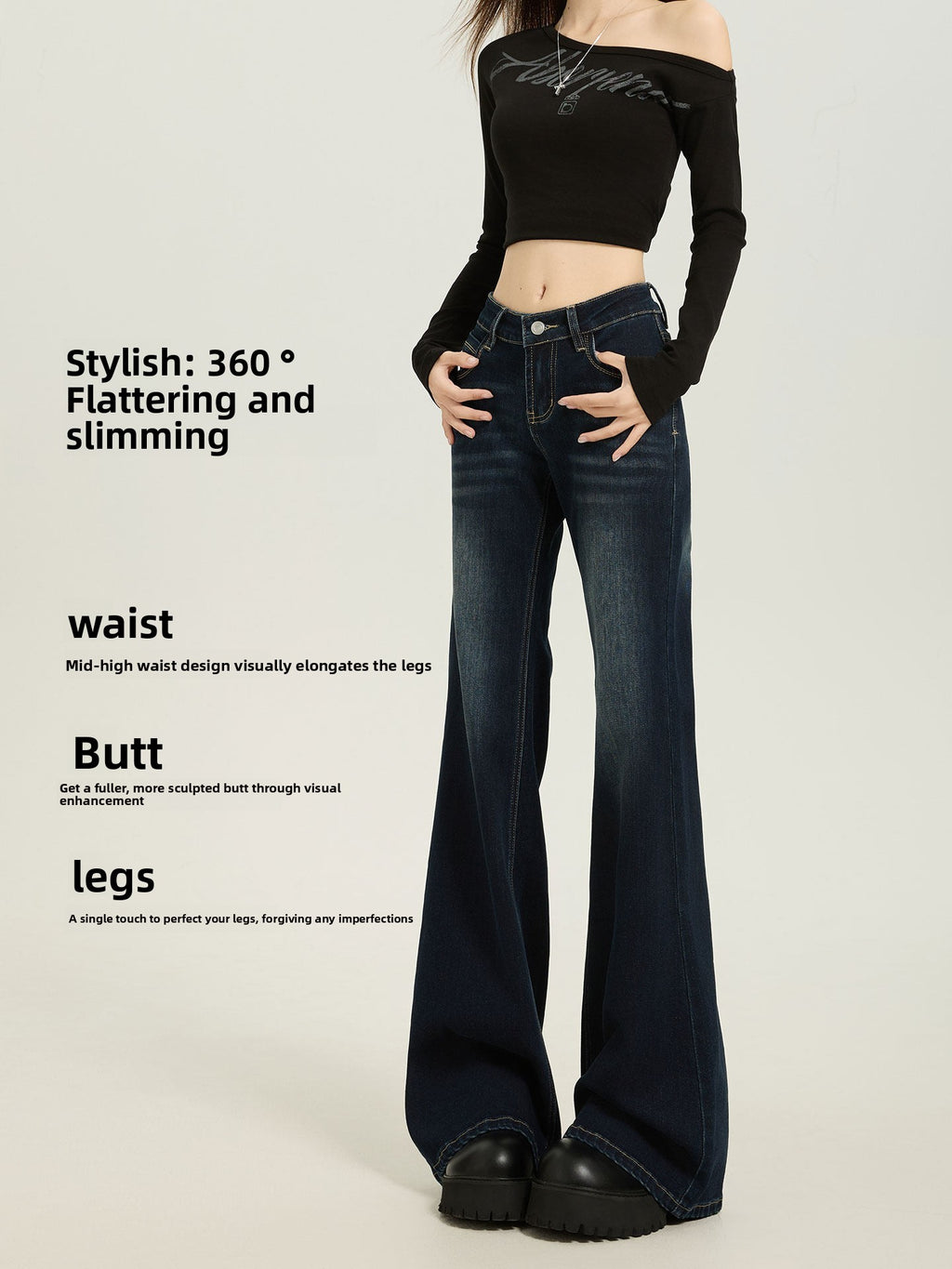 American Style Dark Blue Low Waist Flared Jeans for Women Slim Fit