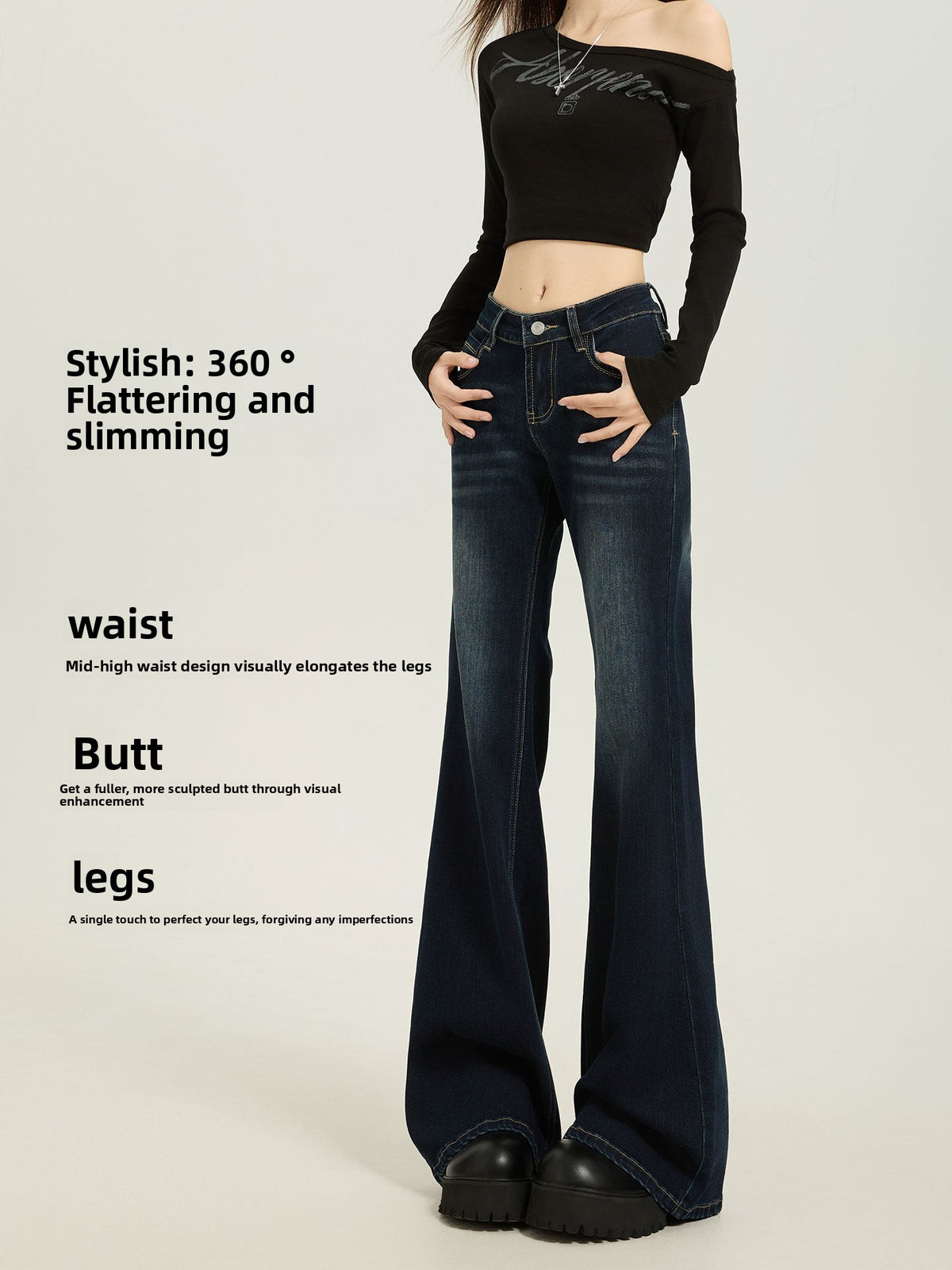 American Style Dark Blue Low Waist Flared Jeans for Women Slim Fit