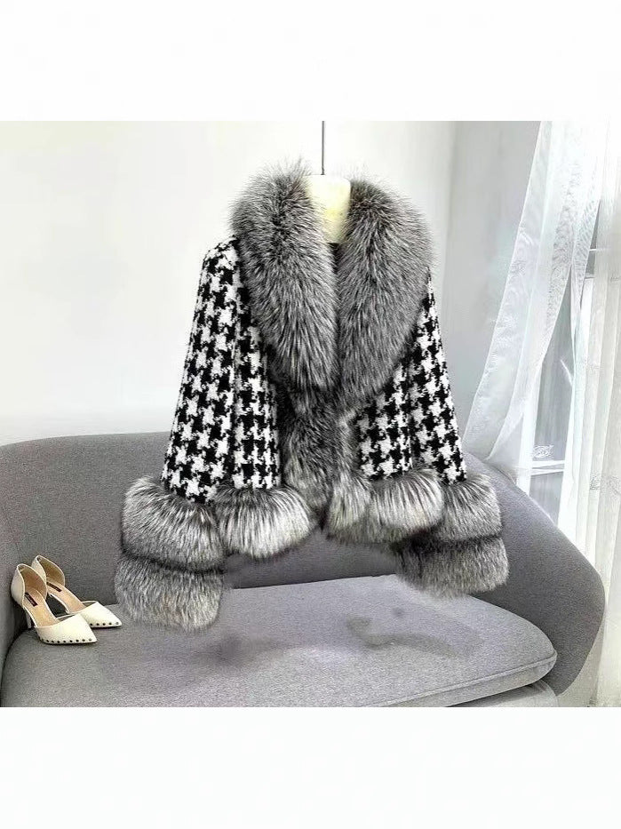 Womens Houndstooth Fur Collar Coat