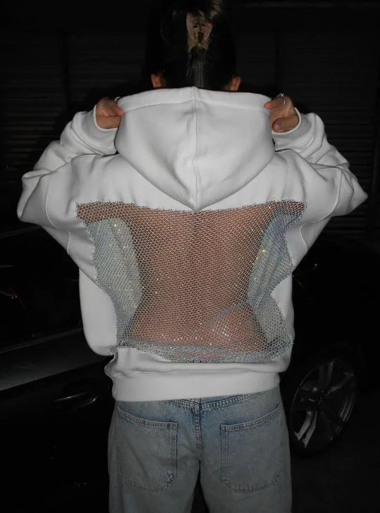 European style solid-color backless mesh-covered netted hooded pullover hoodie