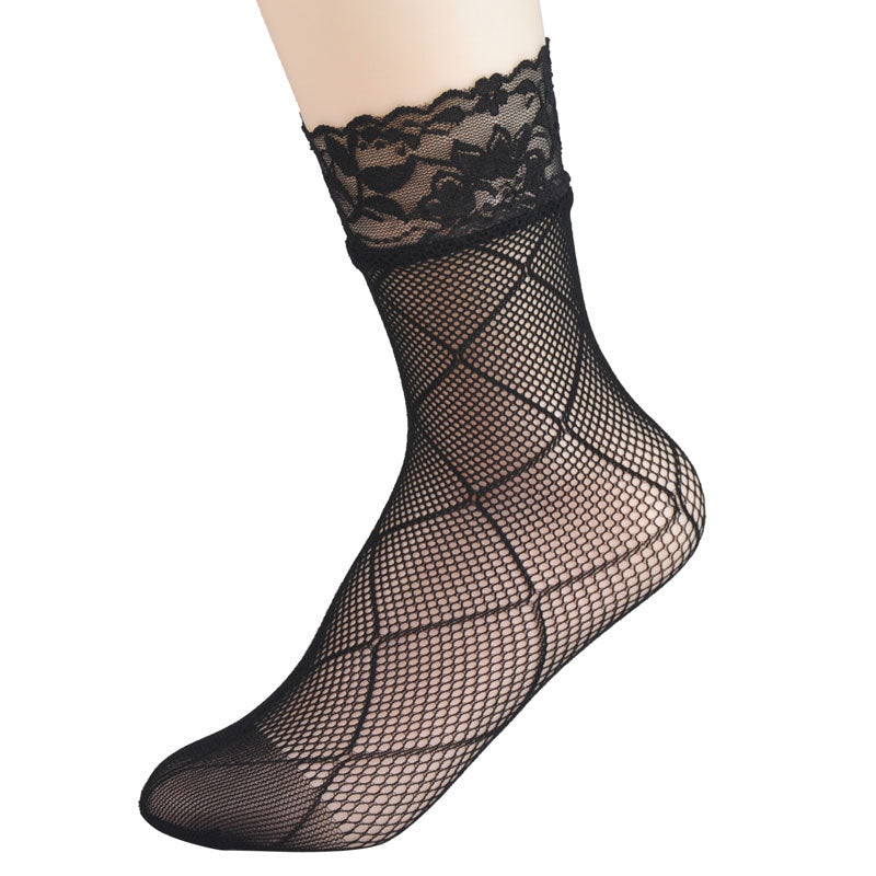 Women Hollow-Out Short Fishnet Socks Lace Trim Retro Style