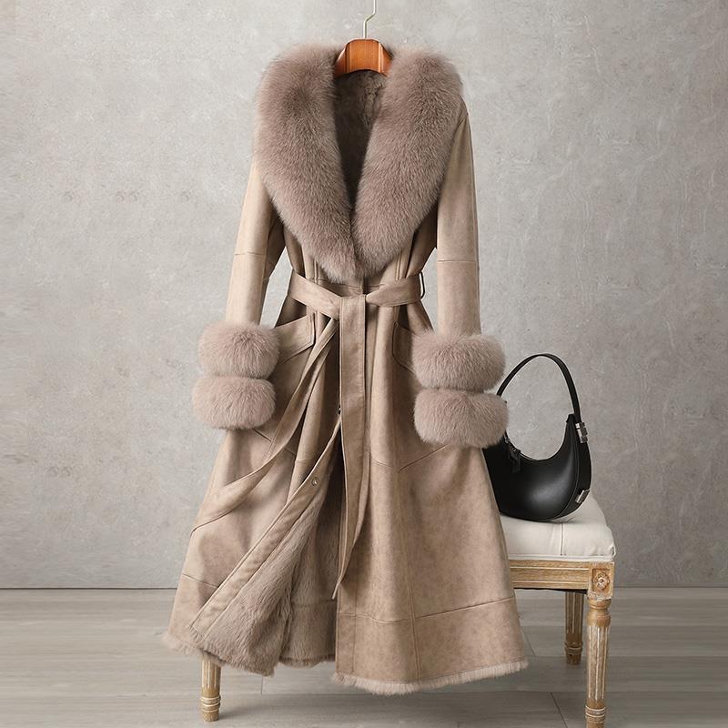 Imitation Rabbit Fur Mid-Length Coat with Faux Fox Collar
