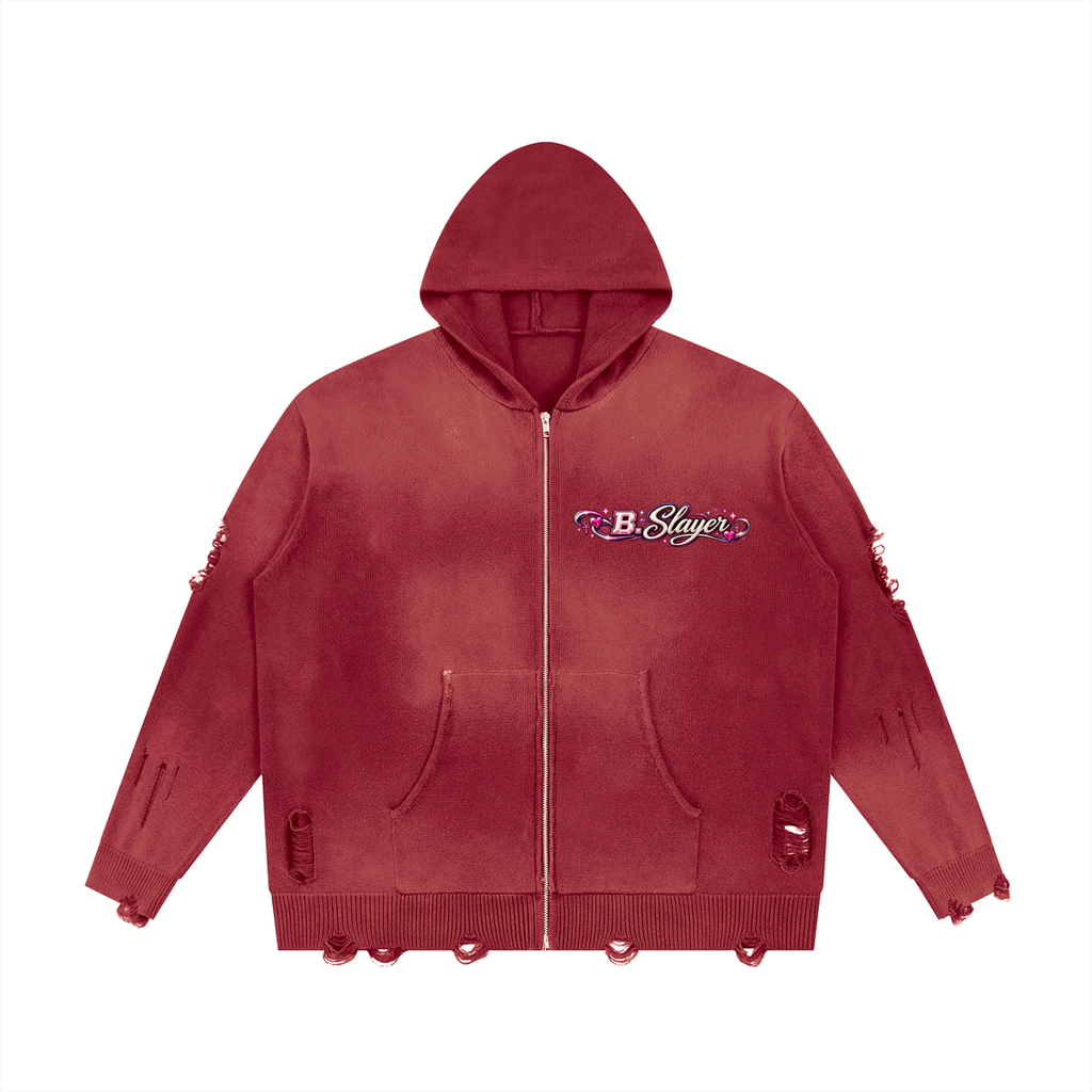Beauty Slayer Unisex Distressed Full-Zip Knit Hoodie