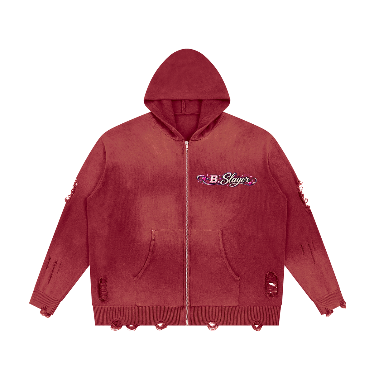 Beauty Slayer Unisex Distressed Full-Zip Knit Hoodie