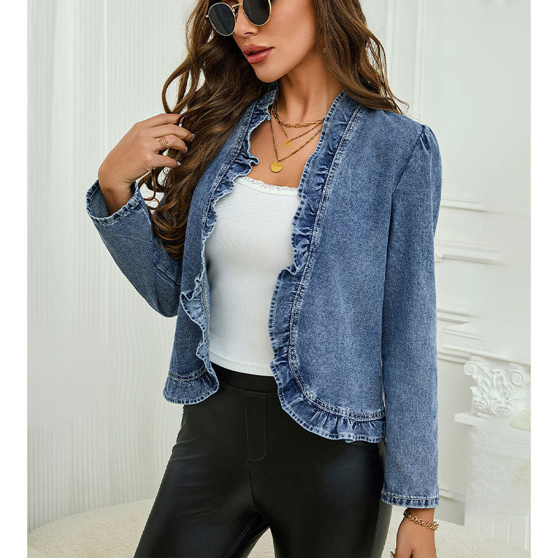 Women's Ruffled Denim Jacket Lace Collar Slim Fit Open Front Long Sleeve