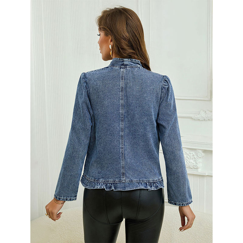 Women's Ruffled Denim Jacket Lace Collar Slim Fit Open Front Long Sleeve