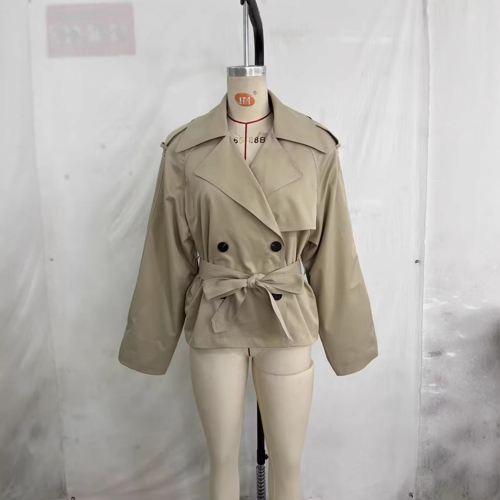 Short Belted Double-Breasted Trench Coat with Shoulder Pads
