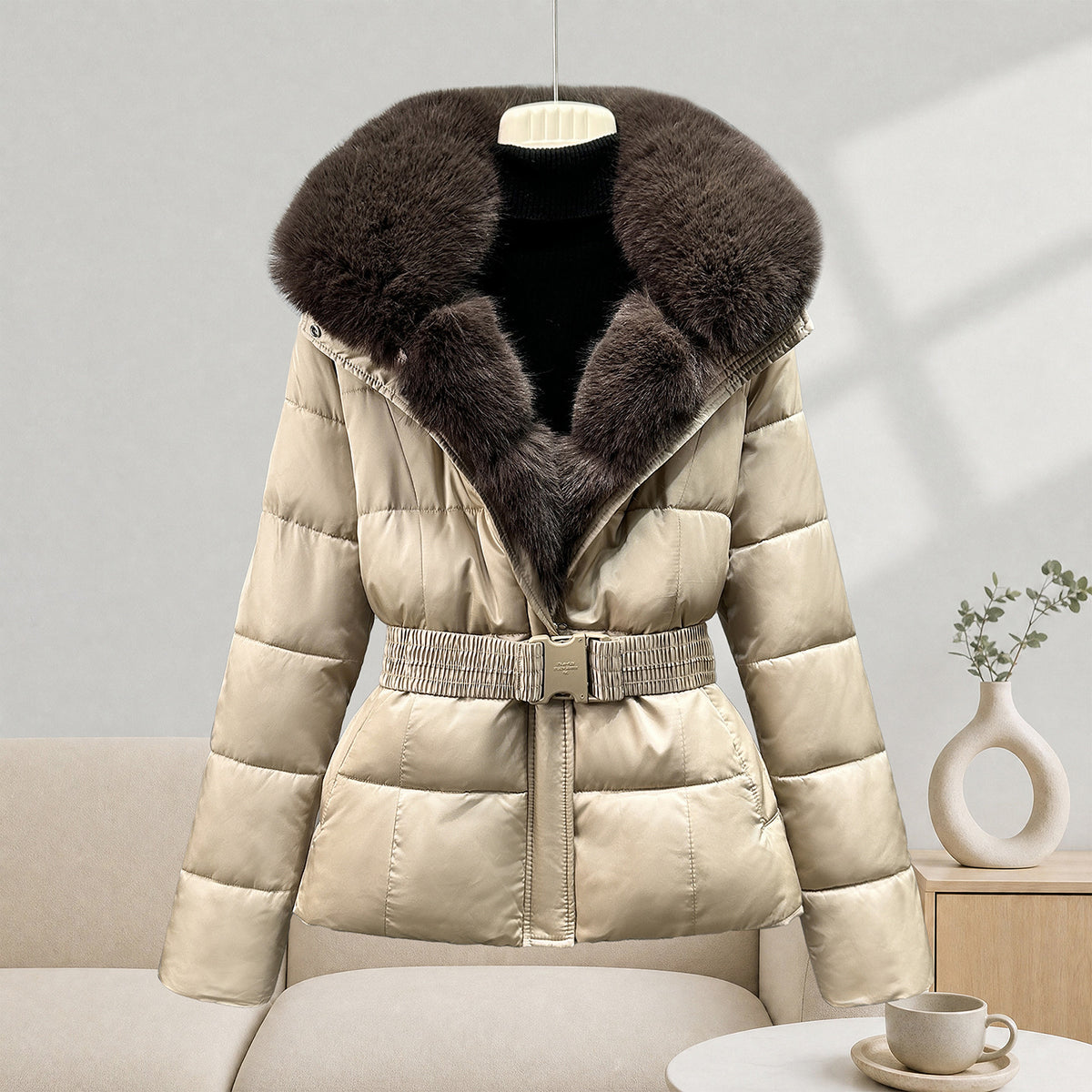 Women's Mid-Length Faux Fur Collar Coat
