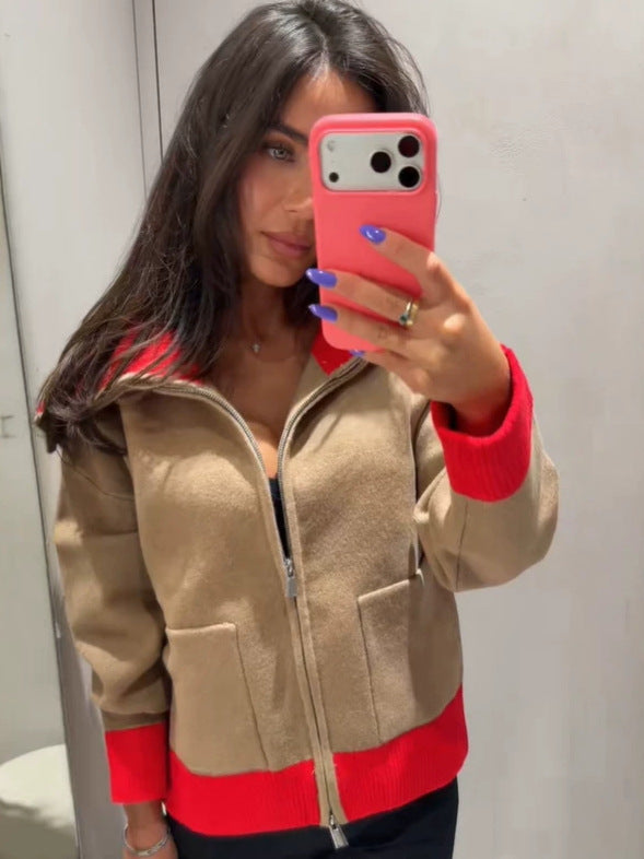 Women's Retro Patchwork Lapel Zipper Knit Cardigan
