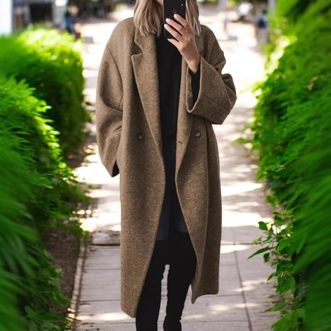 Women's Solid Color Long Wool Blend Trench Coat with Suit Collar