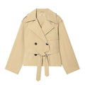 Short Belted Double-Breasted Trench Coat with Shoulder Pads