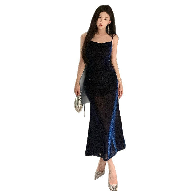 Women's Long Open Back Solid Color Sling Fishtail Dress