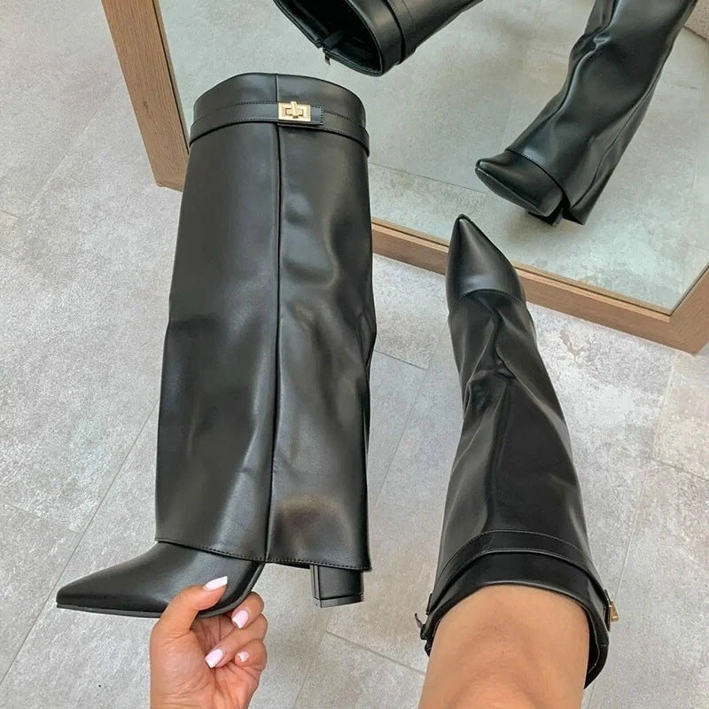 Women Pointed Toe Chunky Heel Boots