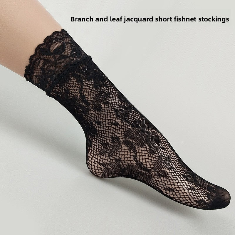 Women Hollow-Out Short Fishnet Socks Lace Trim Retro Style
