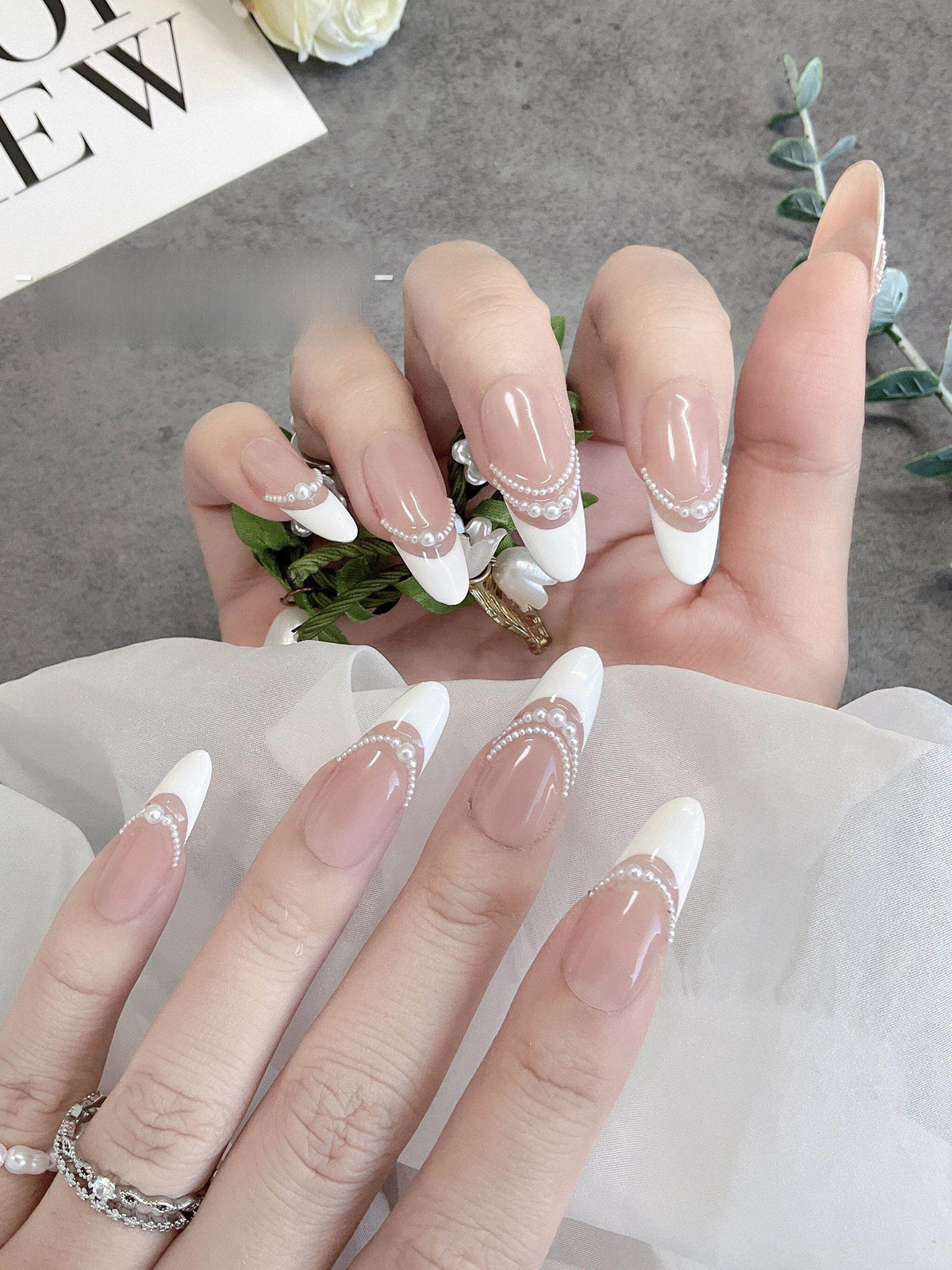Pearl French Style Handmade Wearable Nails