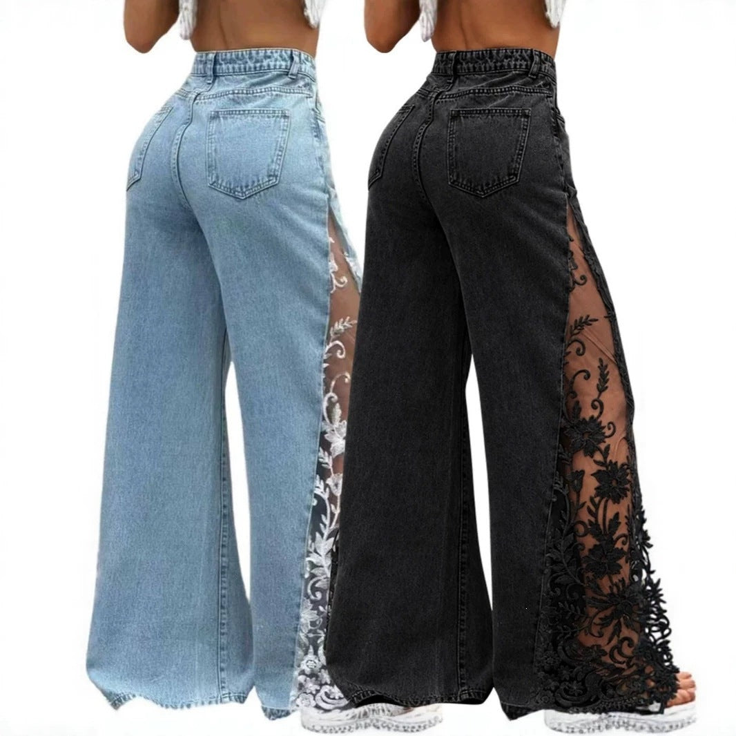 Women Colorblock Lace Spliced Wide Leg Denim Jeans