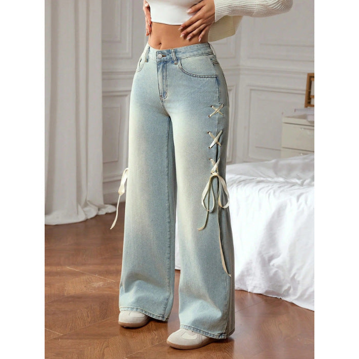 Womens Ribbon Accent Straight Leg Jeans
