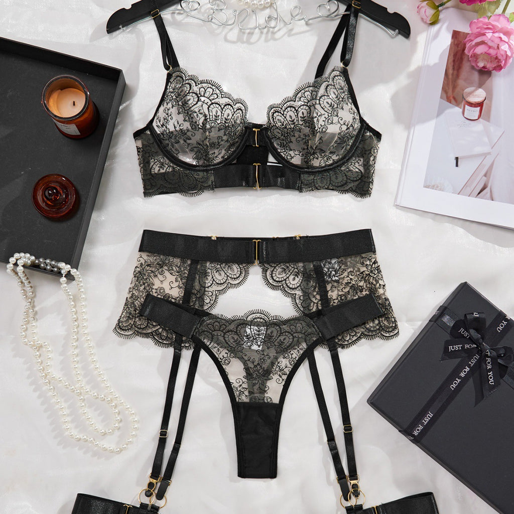 Embroidered Lace Garter Lingerie Set