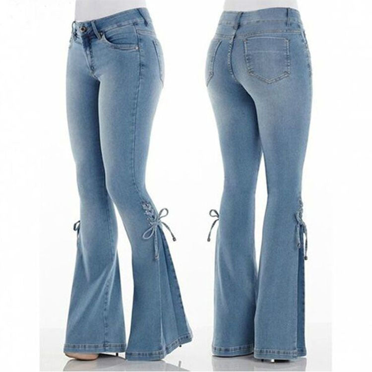 Women's Jeans Mid-waist Lace-up Denim Pants