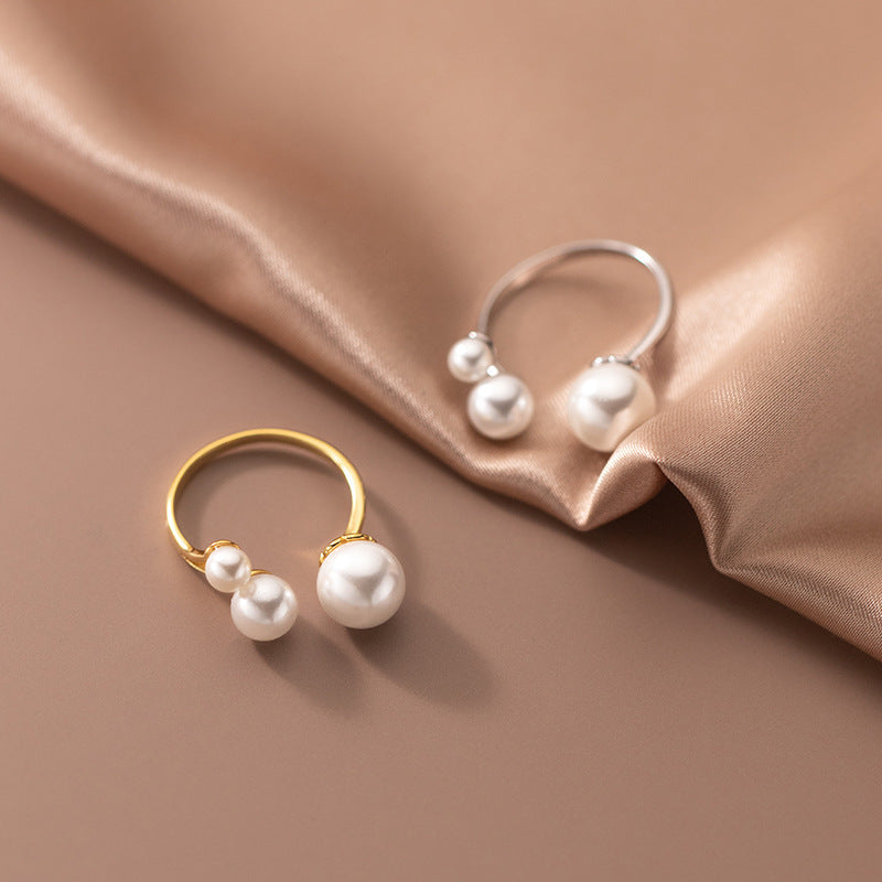S925 Silver Adjustable Open Ring with Synthetic Pearl Bead for Women Fashion Jewelry