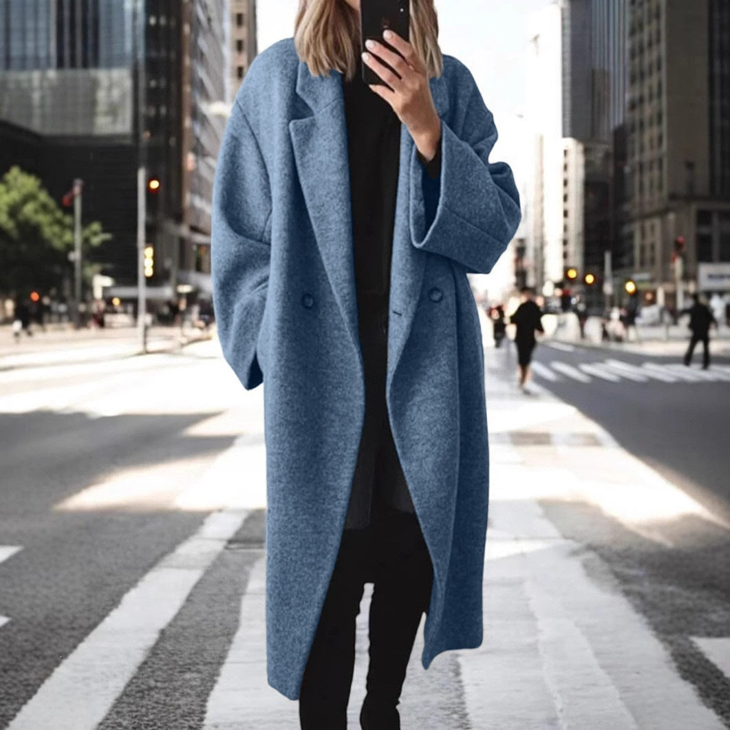Women's Solid Color Long Wool Blend Trench Coat with Suit Collar