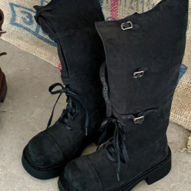 Belted platform riding boots