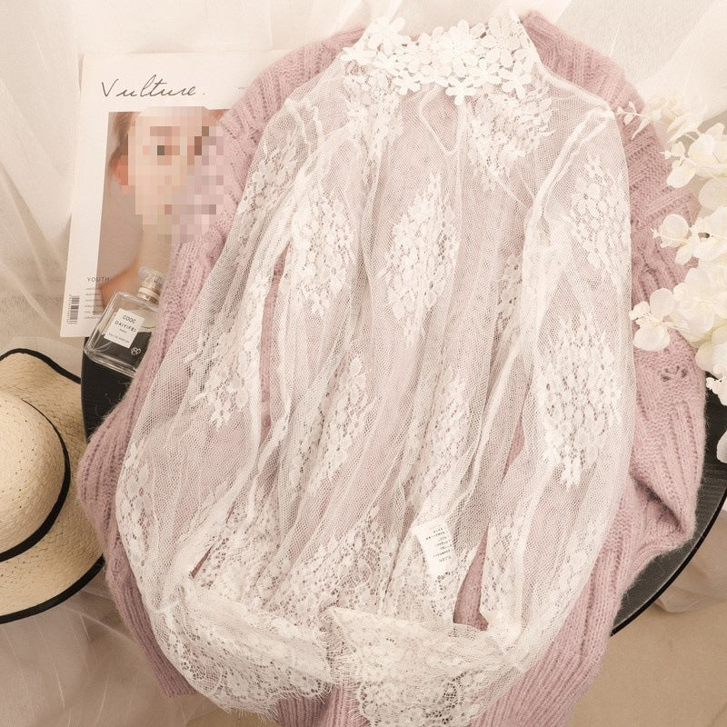Women's Half Turtleneck Lace Top Bell Sleeve Hollow Out Mesh Pullover