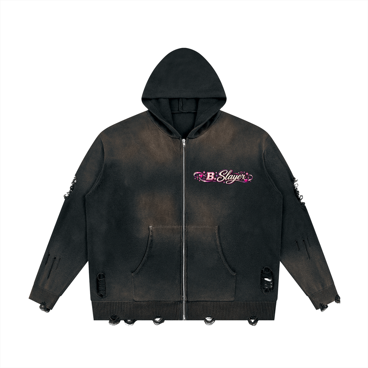 Beauty Slayer Unisex Distressed Full-Zip Knit Hoodie