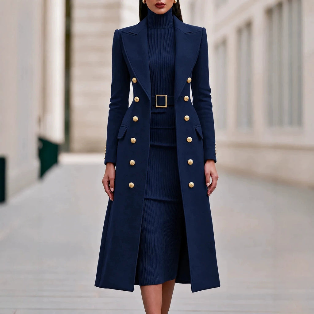 Women's Double-Breasted Woolen Coat and Knitted Dress Two-Piece Set