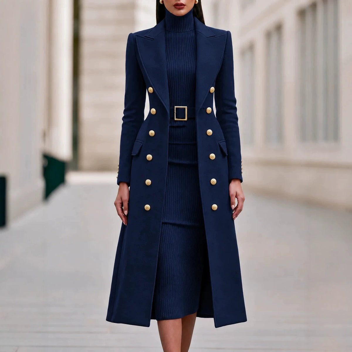 Women's Double-Breasted Woolen Coat and Knitted Dress Two-Piece Set