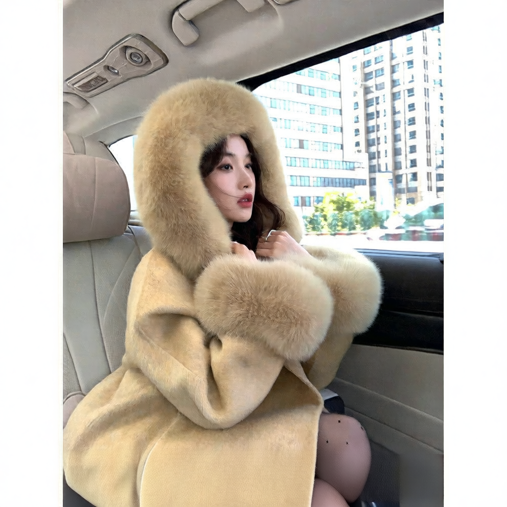 Women's Wool Blend Coat with Detachable Fox Fur