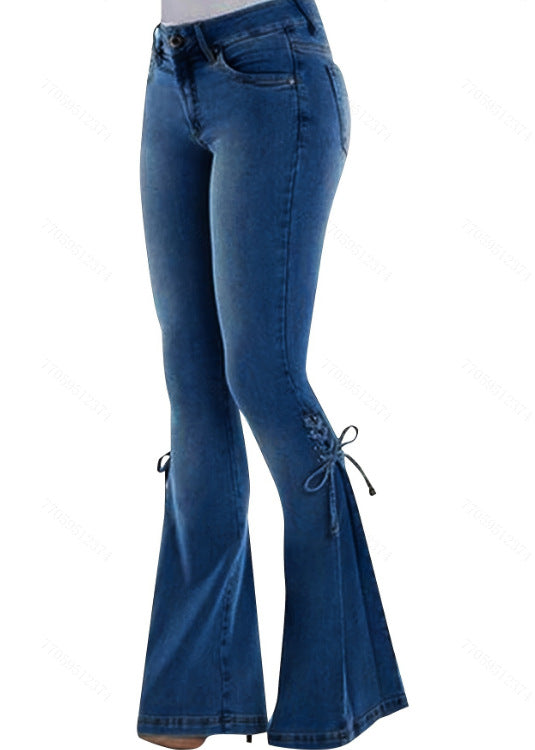 Women's Jeans Mid-waist Lace-up Denim Pants